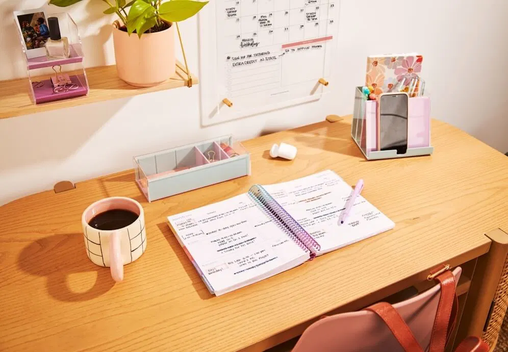 Evening desk scene with warm lamp glow