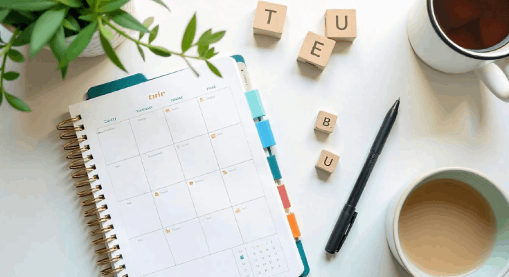 Stacked journals with ribbon marker on wood surface